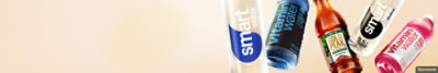 smartwater, vitaminwater, Gold Peak Tea bottles on gradient background.