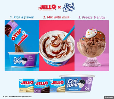 JELL-O and Cool Whip logos and products with text Pick a flavor, Mix with milk, and Freeze & enjoy on multicolored background.