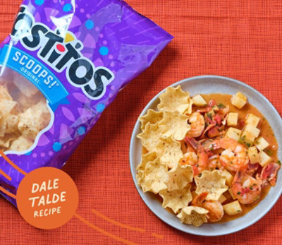 Shrimp, Crispy Bacon, Potatoes, Coconut Chili Dip with Tostitos Scoops.