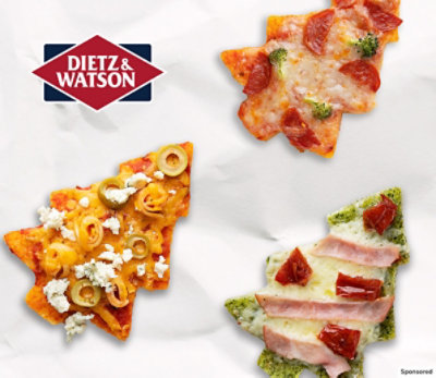 Dietz & Watson logo with three types of Christmas tree-shaped pizzas.