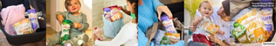 Banner ad featuring lifestyle images of parents packing Happy Baby Organics snacks and pouches.
