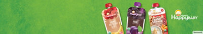Happy Baby Clearly Crafted Baby Food Pouches from Happy Family Organics on a green background.