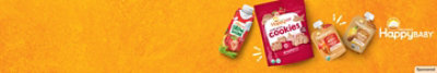 Happy Family Innovation ORGANICS HappyBABY products on yellow texture background.