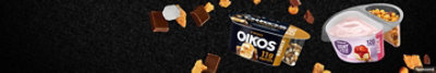 Oikos & Light + Fit with chocolate marshmellows and graham crackers against black background