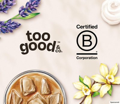 B Corp and Too Good & Co logos with coffee, cream and vanilla and lavender flowers.