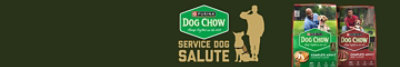 Service Dog Salute logo, a gold silhouette of a service person saluting next to a service dog, and packs of Purina Dog Chow