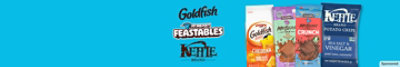 Goldfish, Mr. Beast Feastables, Kettle logos and products on a blue background