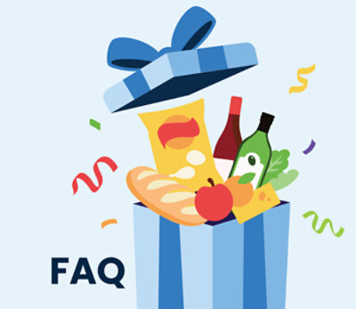 Illustration of a gift box with various groceries next to text that says 'FAQ'.