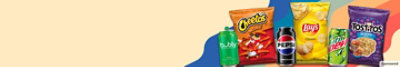 CHEETOS, bubly, Pepsi, LAY'S, Mountain Dew and TOSTITOS snacks on a tan background.