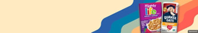 Life and Quaker Old Fashioned Oats on a wavy yellow, blue, green and orange background.