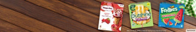 Haagen Dazs, Outshine, Frollies products on a wooden background.