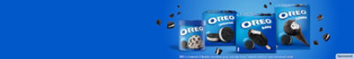 Oreo ice cream products on a blue background.