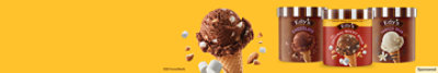 Edy's ice cream tubs and ice cream cone on an orange background.