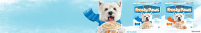 Frosty paw treats on a blue and white background.
