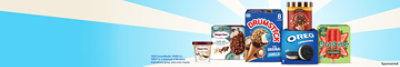 Various ice cream packs on a light blue background.