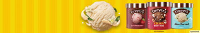 Dreyers product line up with a yellow striped background.