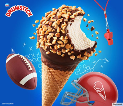 Drumstick logo next to Drumstick cone with a football helmet and whistle.