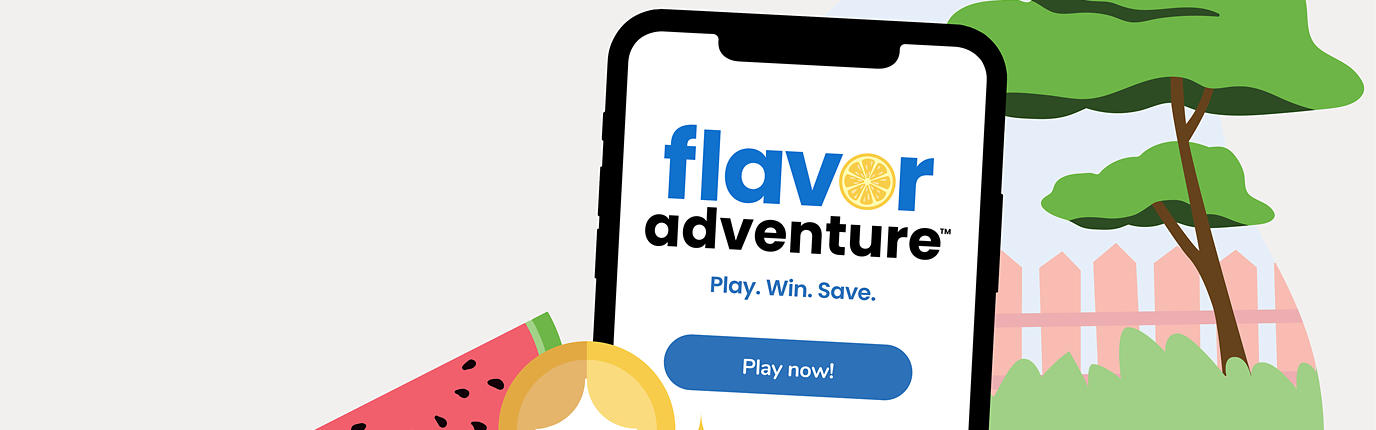 Phone displaying "Flavor adventure - Play. Win. Save"