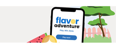 Phone displaying "Flavor adventure - Play. Win. Save"