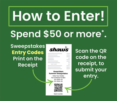How to Enter! Spend $50 or more. Sweepstakes Entry Codes print on the receipt. Scan the QR code on the receipt, to submit your entry.