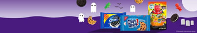 A pack of family size oreo, original Chips Ahoy, and Sour Patch spooky mix candies.