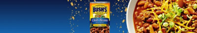  A bright blue background and gold confetti celebrating a bowl of chili by Bush Brothers.