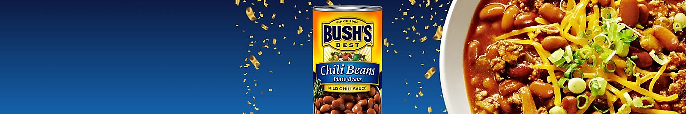  A bright blue background and gold confetti celebrating a bowl of chili by Bush Brothers.