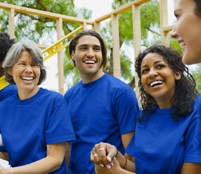 Group of happy employees, smiling