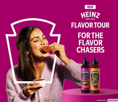 Heinz Flavor Tour. For the flavor chasers. Two bottles of Heinz Flavor Tour sauces beside a woman.