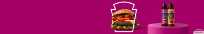 Two bottles of Heinz Flavor Tour sauces beside a plated cheeseburger on a purple background.