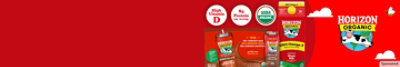 Half gallon of Horizon Organic Milk next to Horizon Chocolate Milk box drinks on red background.