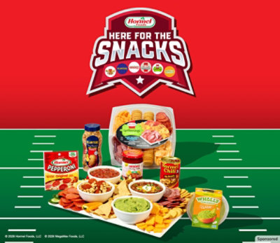 Hormel: Here for the Snacks. A spread of Hormel products, chips and dips on a football field.