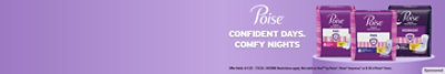 Poise logo with text confident days comfy nights next to Poise products on purple background.