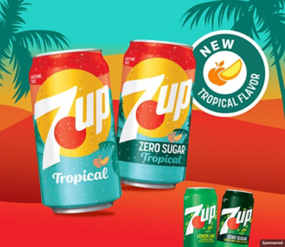 Cans of new Tropical 7UP and Zero Sugar Tropical 7UP on a beachy sunset background.