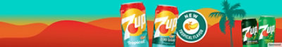 Cans of new Tropical 7UP® and Zero Sugar Tropical 7UP® on a beachy sunset background.