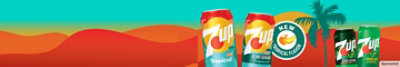 Cans of new Tropical 7UP® and Zero Sugar Tropical 7UP® on a beachy sunset background.