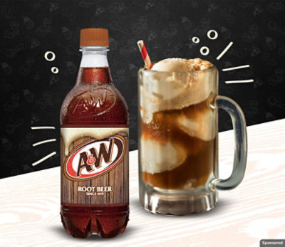 A bottle of A&W root beer next to a freshly made rootbeer float.