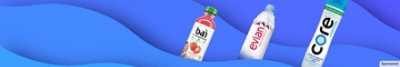 Bottles of bai, evian, and Core Hydration on a wavy background.