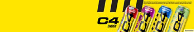 4 C4 Performance Energy cans with logo on yellow background