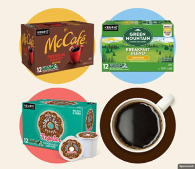 Boxes of K-Cup pods from Green Mountain Coffee Roasters, McCafé, and The Original Donut Shop.