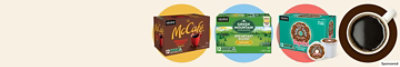 Boxes of K-Cup pods from McCafé®, Green Mountain Coffee Roasters®, and The Original Donut Shop®.