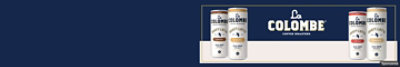 La Colombe canned lattes sit on each side of the logo, set against a blue & cream split background. 