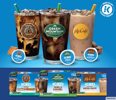 Glasses of freshly brewed iced coffee from Green Mountain, The Originaal Donut Shop and McCafe.