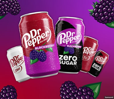 Cans of new Dr Pepper Blackberry and Zero Sugar Dr Pepper Blackberry on a bold background.