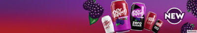 Cans of new Dr Pepper® Blackberry and Zero Sugar Dr Pepper Blackberry on a bold background.