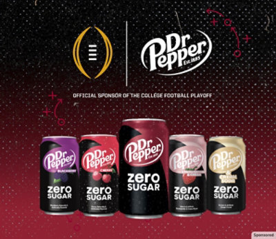 Dr Pepper® Zero Sugar cans lined up in front of the Dr Pepper and College Football Playoffs logo.