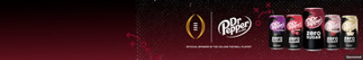 Dr Pepper® Zero Sugar cans lined up in front of the Dr Pepper and College Football Playoffs logo.