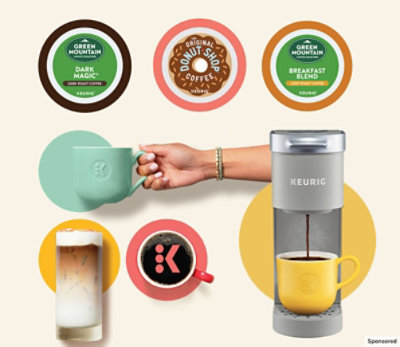K-Cup® pods displayed above an arm holding a coffee mug, next to a latte and a K-Mini brewer.