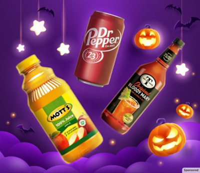 A bottle of Mr & Mrs T bloody mary mix, Dr Pepper cans, and Mott's apple juice in a Halloween scene.