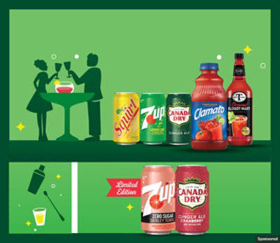 A 7Up can, Canada Dry can, Clamato bottle, and Mr & Mrs T Bloody Mary mix on a green background.
